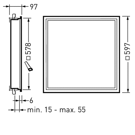 Teknisk illustration av kvadratisk LED-armatur från PROLJUS AB med frontmått 597×597 mm och urtagningsmått 578×578 mm, tunn profil 97 mm, infällningsdjup 15–55 mm och 6 mm kant, energieffektiv och lättinstallerad lösning för professionell belysning i kontor och butiksmiljöer