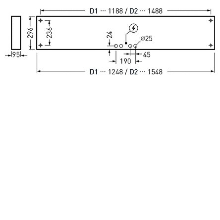 Teknisk ritning av en långsmal infälld armatur från PROLJUS AB med exakta mått, centralt kabelgenomföringshål Ø25 mm och montagepunkter, energieffektiv och robust konstruktion för professionell belysning i kontor, industrilokaler och butiker, enkel att installera och idealisk för storskaliga projekt