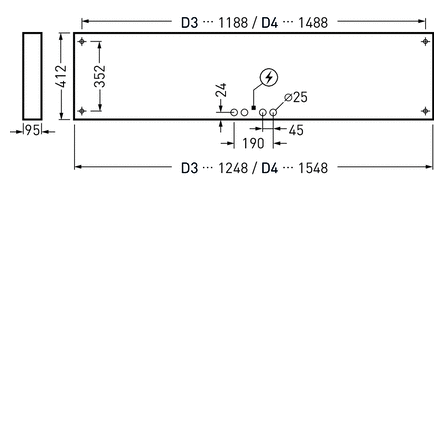 Teknisk illustration av en slank rektangulär LED-armatur från PROLJUS AB med angivna mått för modellerna D3 och D4, central kabelgenomföring och monteringshål som visar enkel installation, energieffektiv och robust design för professionella belysningsprojekt