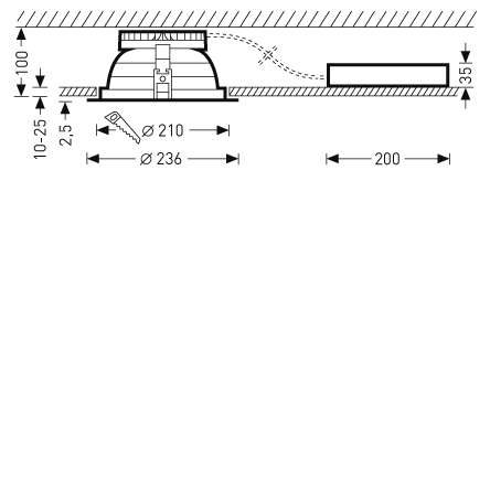 Teknisk snittbild av infälld LED-downlight från PROLJUS AB som visar monteringsdetaljer och mått: utskärning Ø210 mm, yttre Ø236 mm, infällningsdjup 100 mm, taktjocklek 10–25 mm och separat driver ansluten med 200 mm kabel. Eleganta, energieffektiva armaturer för professionella installationer och återförsäljning av PROLJUS AB