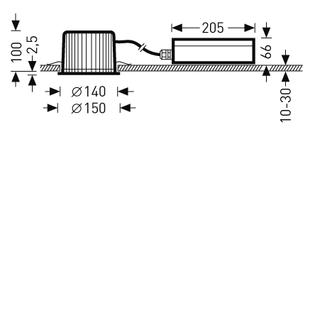 Sidovy av infälld LED-downlight med kylflänsar och externt drivdon anslutet med kabel, drivdon 205×66 mm, monteringsmått Ø140/Ø150 mm, installationsdjup 100 mm och taktjocklek 10–30 mm, energieffektiv och robust design från PROLJUS AB