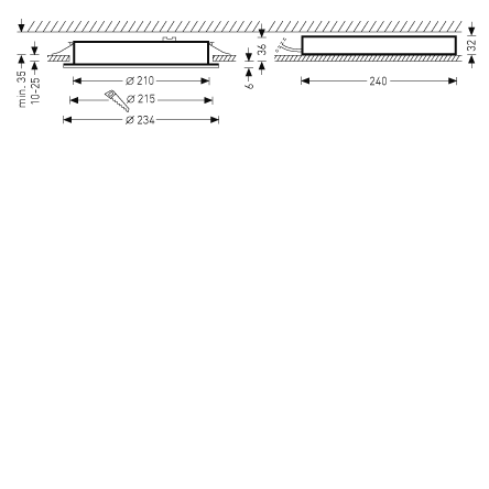 Teknisk illustration av rund infälld LED-armatur från PROLJUS AB med låg profil och kompakt byggdjup 32 mm, utskärning Ø210 mm, yttermått Ø234 mm och montagetjocklek 10–25 mm, energieffektiv och enkel att installera i professionella belysningsprojekt