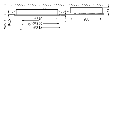 Tvärsnittsritning av infällda LED-armaturer från PROLJUS AB med håldiametrar Ø290, Ø300 och Ø316 mm, inbyggnadsdjup 35 mm, minsta taktjocklek 40 mm och 200 mm mellan armaturer, kompakt energieffektiv design för enkel och professionell installation