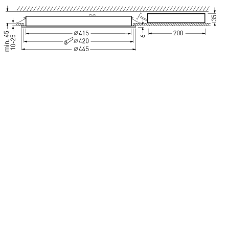 Teknisk tvärsnittsritning av PROLJUS infällda LED-armaturer med runda utskärningar Ø415–Ø445 och installationsdjup 35–45 mm, stilren energieffektiv design som enkelt monteras i undertak, högkvalitativ belysningslösning från PROLJUS AB