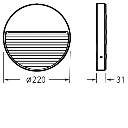 Rund väggarmatur från PROLJUS AB Ø220 mm, 31 mm djup, horisontell lamellfront för jämnt nedåtriktat ljus i slimmat väderbeständigt utförande idealisk för energieffektiv utomhusbelysning