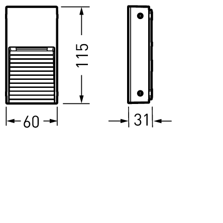 Kompakt väggarmatur från PROLJUS AB med rektangulär lamellfront för bländningsfritt ljus, mått 60×115×31 mm, tunn profil med två monteringspunkter, stilren och praktisk lösning för trappa, passage och fasadbelysning