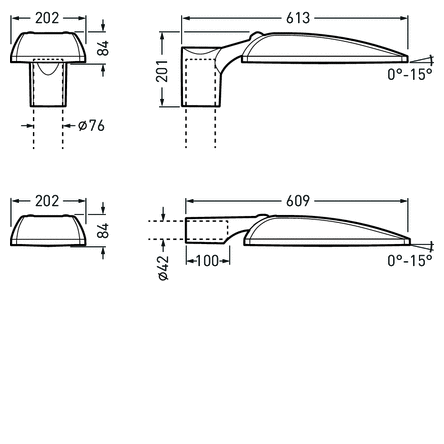 Teknisk ritning som visar två strömlinjeformade gatubelysningsarmaturer med måttangivelser (längd 613/609 mm, bredd 202 mm, monteringsdiameter Ø76/Ø42 mm) avsedda för stolpmontering, designade för effektiv väg- och stadsbelysning och enkel installation, kontakta PROLJUS AB för offert