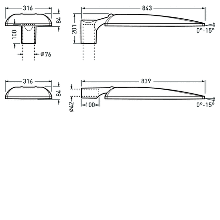 Ritning av två slanka PROLJUS AB gatubelysningsarmaturer med låg profil, monteringsalternativ för toppstolpe Ø76 och sidofäste Ø42, längd 839–843 mm, energieffektiv och lätt att installera