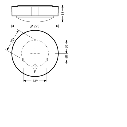 Teknisk ritning av rund, slimmad takarmatur från PROLJUS AB med Ø275 mm och höjd 98 mm, detaljerade mått och monteringshål med 139 mm centrumavstånd för lätt installation, energieffektiv och robust armatur för bostad, kontor och offentlig miljö