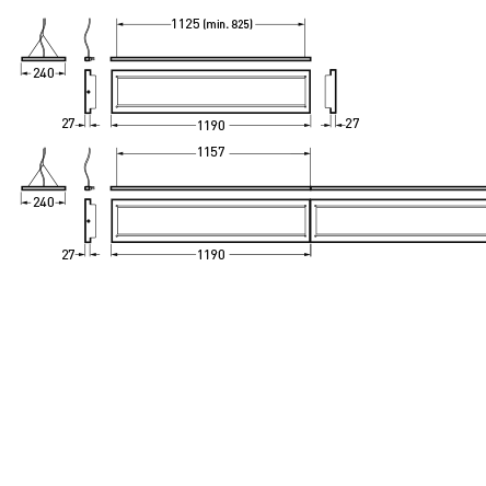Teknisk illustration av PROLJUS AB linjär LED-armatur i två varianter, enkel och kombinerad modul, totalbredd 1190 mm, monteringsavstånd 1125 mm (min 825 mm), höjd 27 mm och takfäste 240 mm, slimmad rektangulär design för infällning eller pendelmontage, energieffektiv och lättinstallerad belysningslösning för kontor, butik och offentliga miljöer, erbjuds av PROLJUS AB