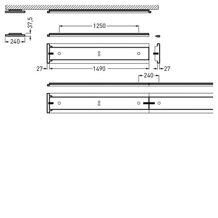 Teknisk illustration av PROLJUS ABs slimmade LED-takarmatur i rektangulär profil, visad i plan- och sidovy med monteringsdetaljer och mått (total längd 1490 mm, monteringslängd 1250 mm, bredd 240 mm, bygghöjd 37,5 mm), elegant och lågbyggd design, energieffektiv med hög ljuskvalitet, enkel att installera och perfekt för kontor, butik och offentliga miljöer