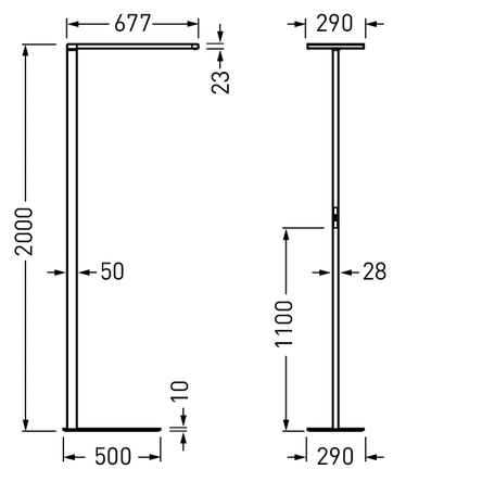 Teknisk ritning av PROLJUS golvlampa i L‑form med 2000 mm höjd, horisontell arm 677 mm, tunn ljusramp 23 mm, stabil 500x290 mm bas, stålskaft Ø28 mm och 1100 mm fri armhöjd, modern energieffektiv design för kontor, hotell och offentliga miljöer från PROLJUS AB