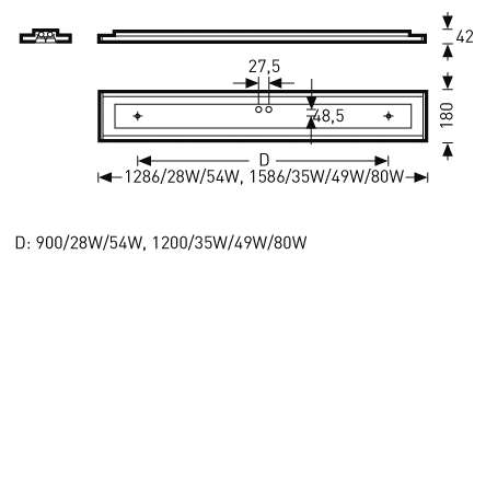 Slank rektangulär takarmatur från PROLJUS AB med 42 mm profil och 180 mm bredd, opal diffusor och robust metallram, finns i flera längder och effekter (till exempel 900/1200/1286/1586 mm, 28–80 W), centrala monteringshål och kabelanslutning, energieffektiv och bländfri lösning för kontor butik och industrimiljöer