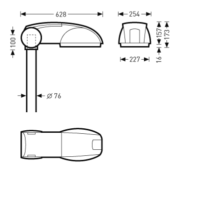 Illustration av PROLJUS AB:s moderna gatuarmatur i plan- och sidovy med måttangivelser, rund mastfäste Ø76 mm, strömlinjeformad kåpa och energieffektiv LED-design, robust konstruktion för kommun- och stadsbelysning