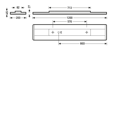 Linjära LED-armaturer från PROLJUS AB, teknisk ritning med måttangivelser: 1200 mm lång, 200 mm bred, 45 mm hög och tunn profil 27 mm, monteringscentrum 800 mm och intern platta 713/570 mm, central kabelgenomföring märkt E, modern, energieffektiv och lättinstallerad lösning för kontor, butiker och industri