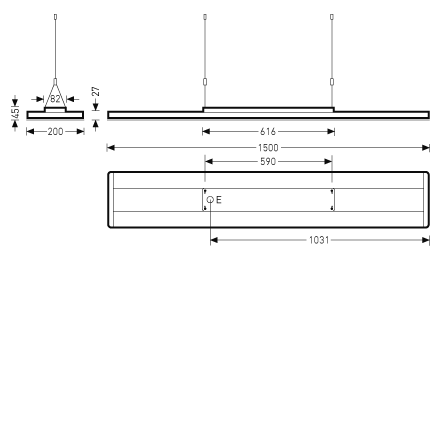 Teknisk ritning av PROLJUS AB:s avlånga hängande LED-armatur med tre vajerupphängningar, synliga mått (längd 1500 mm, slank profil cirka 27 mm), minimalistisk energisnål design för kontor och offentliga miljöer, enkel att montera