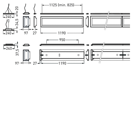 Teknisk ritning av rektangulärt infällt linjärarmatur i flera vyer med måttangivelser (1190 mm längd, 950 mm ljusöppning, 240 mm bredd, 97 mm höjd), visar monteringsdetaljer och kabelingångar, energieffektiv LED-lösning för kontor och butik, kontakta PROLJUS AB för offert