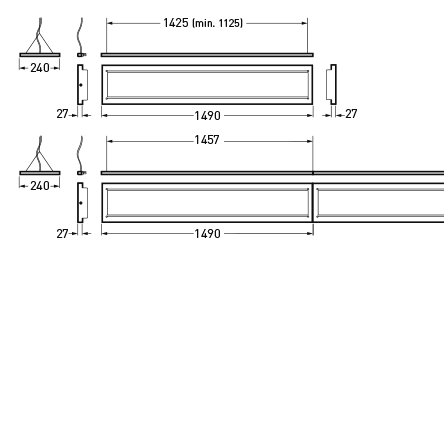 Linjär LED-armatur från PROLJUS AB i två utföranden: enkel enhet 1490 mm och dubbel enhet med 1457–1490 mm totalbredd, tunn 27 mm profil, takmontering eller pendel med 240 mm takfäste, modern energieffektiv design för kontor, butik och offentlig miljö