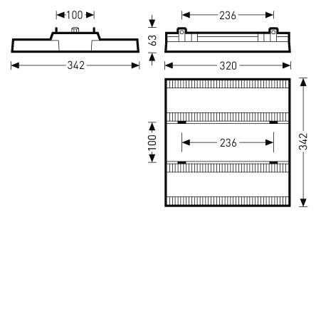 Teknisk skiss i tre vyer av rektangulär LED-armatur från PROLJUS AB med måtten 342 x 342 x 63 mm och 236 mm innerbredd mellan ljuskanaler, lågprofil och robust konstruktion för jämn, energieffektiv belysning i industri- och butiksmiljöer, enkel att montera och kostnadseffektiv