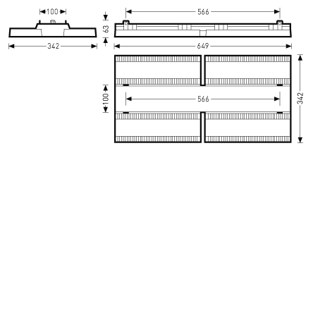 Teknisk ritning av en lågprofilerad, modulär takarmatur från PROLJUS AB med fyra ljuspaneler, tydliga mått 649×342×63 mm och 566 mm monteringsavstånd, energieffektiv, jämnt ljus och idealisk för kontor, skolor och industrilokaler
