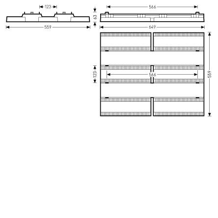 Teknisk ritning av PROLJUS ABs modulära kvadratiska infällda LED‑armatur med detaljerade mått (559 x 559 mm totalstorlek, bygghöjd 53 mm, modulavstånd 123 mm), stilren energieffektiv design perfekt för kontor, butik och offentliga miljöer, enkel installation och hög ljuskvalitet från PROLJUS AB