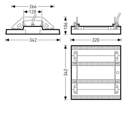 Teknisk ritning av fyrkantig LED armatur från PROLJUS AB i plan front och sidovy med mått 342 x 342 mm och höjd 106 mm visar monteringsdetaljer kabelanslutning och robust energieffektiv design idealisk för industri och offentliga miljöer