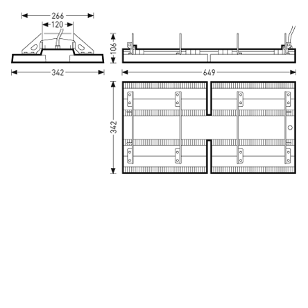 Teknisk ritning av PROLJUS AB:s modulära LED-armatur i rektangulär lågprofilsdesign med två sammanfogade moduler, totallängd 649 mm, bredd 342 mm och höjd 116 mm, visar infästningsdetaljer, kabelinföring och monteringsramar, robust konstruktion för kommersiella och industriella miljöer, energieffektiv ljusspridning och enkel installation som gör den idealisk för professionella belysningsprojekt