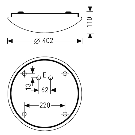 Rund lågprofilstakarmatur från PROLJUS AB med kupad diffusor, Ø 402 mm och höjd 110 mm, monteringsmönster med 220 mm mellan fästhål och 62 mm mellan centrala hål, enkel att installera och ger jämnt högkvalitativt ljus för kontor och offentliga miljöer