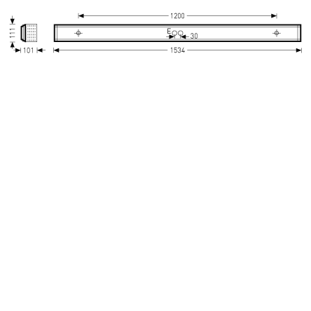 Teknisk ritning av slank LED-armatur från PROLJUS AB med total längd 1534 mm, monteringsavstånd 1200 mm och profil cirka 101×111 mm, energieffektiv och robust konstruktion som ger hög ljuskvalitet och enkel montering
