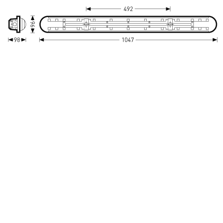 Teknisk ritning av en avlång LED-armatur från PROLJUS AB med total längd 1047 mm, monteringslängd 492 mm och tvärsnitt cirka 98 mm, robust och energieffektiv lösning som är lätt att installera och idealisk för industrimiljöer och garage