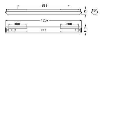 Teknisk ritning av slank linjär LED-armatur från PROLJUS AB med total längd 1257 mm, låg profil cirka 91 mm hög och 102 mm djup samt montagehål 300 mm från ändarna, energieffektiv och stilren lösning för kontor och industri