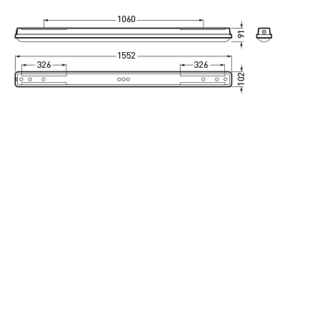 Teknisk teckning av LED-armatur från PROLJUS AB 1552 mm lång, smal och låg profil, modern och diskret design, energieffektiv och robust konstruktion med flera monteringspunkter för enkel installation, perfekt för kontor, verkstad och industri