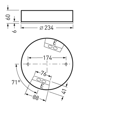 Teknisk skiss av en rund infälld LED-armatur från PROLJUS AB med Ø234 mm, låg profil 60 mm och tunn ram 6 mm, visar två justerbara ljusenheter med centrumavstånd 174 mm och vinklingsmöjlighet 71°—en energieffektiv, lättinstallerad och stilren lösning för både kommersiella och privata miljöer från PROLJUS AB