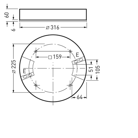 Teknisk ritning av rund, slimmad takarmatur i vyer med mått, monteringsfästen och infällda hål, visar robust konstruktion och enkel installation, energieffektiv LED-lösning från PROLJUS AB, idealisk för kommersiella och offentliga miljöer