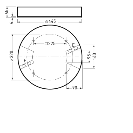 Teknisk måttsatt ritning av rund infälld LED-armatur från PROLJUS AB i plan- och tvärsnittsvisning, visande yttre diameter, infällningsmått, fästhål och kabelgenomföring, låg profil, robust utförande och energieffektiv lösning perfekt för butik, kontor och offentliga miljöer