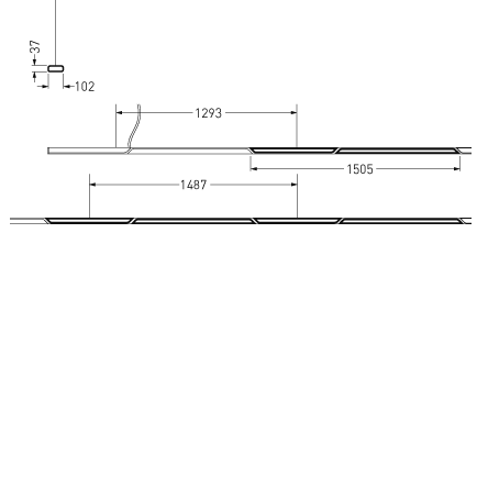 Sidovy av slanka modulära linjära LED-armaturer från PROLJUS AB med måtten 1293, 1487 och 1505 mm samt tvärsnitt 37 x 102 mm, energieffektiva, lättinstallerade och anpassningsbara lösningar för kontor, butik och industrimiljöer