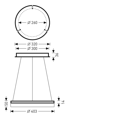 Elegant takpendel från PROLJUS AB i rund ringform med ljusyta Ø260 mm, övre ring Ø320/300 mm och nedre ring Ø403 mm, slimmad profil 36 mm/14 mm och 50 mm mellan elementen, energieffektiv LED och jämnt diffust sken perfekt för butik, kontor och offentliga miljöer
