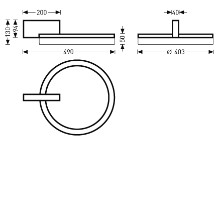 Teknisk skiss av rund väggarmatur från PROLJUS AB med cirkulär ljusring Ø 403 mm, totalt djup 490 mm, sockelhöjd 50 mm och 200 mm långt väggfäste, elegant lågprofil och enkel installation perfekt för entréer, hotell och kontor — kontakta PROLJUS AB för beställning och anpassningar