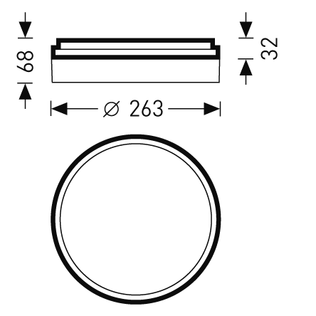 Rund LED-armatur från PROLJUS AB med diameter 263 mm och låg profil 32–68 mm, modern stilren design för tak och vägg, energieffektiv, robust och lättinstallerad armatur i hög kvalitet