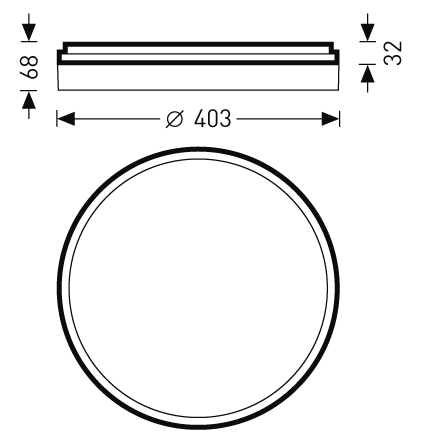 Teknisk ritning av rund, slimmad takarmatur från PROLJUS AB, diameter 403 mm och låg profil 32–68 mm, modern energieffektiv design idealisk för bostad och kontor