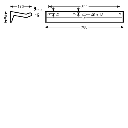 Teknisk ritning av väggmonterad armatur från PROLJUS AB med 700 mm total längd, 190 mm utskjutande vinklad profil, inbyggd kabelkanal 40x16 mm och standardiserade monteringshål för enkel installation, robust kvalitetsdesign idealisk för butik‑ och fasadbelysning som förenklar installation och ökar kundattraktivitet