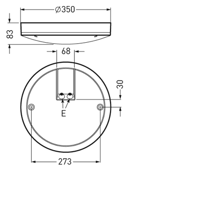 Teknisk ritning av rund takarmatur från PROLJUS AB, Ø350 mm och 83 mm hög med tunn profil och diffus skiva, monteringsmått 273 mm och kabelinföring 68 mm med central kopplingspunkt märkt E, enkel montering, energieffektiv och robust svensk kvalitet idealisk för både kommersiella och privata miljöer