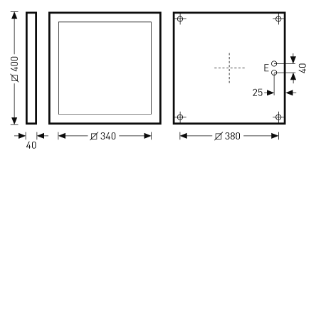 Infälld kvadratisk LED-armatur från PROLJUS AB med yttre mått 380×380 mm och utskärning 340×340 mm, tunn profil 40 mm djup, monteringshål i hörnen och centreringmarkering, kabelingång 25 mm från sidokant och 40 mm från överkant, stilren energieffektiv lösning för butiker, kontor och publika miljöer från PROLJUS AB