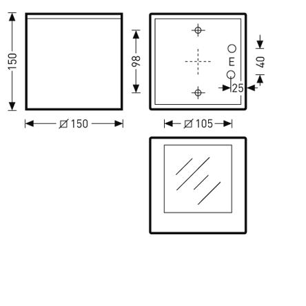 Produktbild av kvadratisk infälld LED-luminär från PROLJUS AB med yttre mått 150 x 150 mm, utskärning Ø105 mm och installationsdjup 98 mm, visar monteringshål, kabelingång 25 mm från kanten och glasfront för jämnt dekorativt ljus perfekt för bostäder och offentliga miljöer