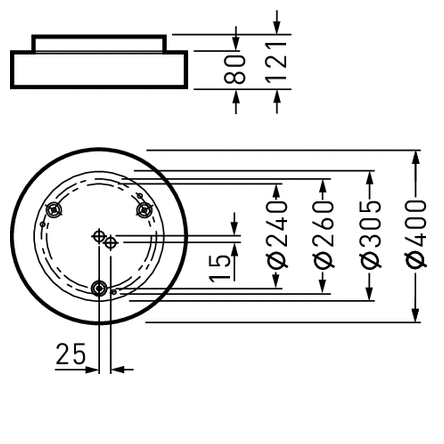 Teknisk ritning av rund infälld takarmatur från PROLJUS AB med top- och sidovy, mått Ø240 Ø260 Ø305 Ø400 mm samt höjder 80 mm och 121 mm, tre monteringspunkter och markerade infällningsmått 15 mm och 25 mm, kompakt energieffektiv design för enkel installation och hög driftsäkerhet idealisk för privata och kommersiella projekt