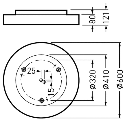 Teknisk ritning av rund infälld armatur från PROLJUS AB med 600 mm ytterdiameter, innerdiametrar 410 och 320 mm, låg profil 121 mm, monteringshål och exakta måttangivelser, modern och robust design för professionell butiks- och kontorsbelysning