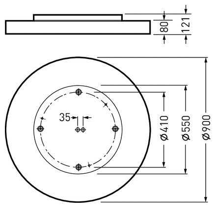 Teknisk ritning av PROLJUS rund takarmatur: Ø900 mm ytterdiameter, infästningsring Ø550 mm, innerdiameter Ø410 mm, totalhöjd 121 mm med 80 mm infälld del, central monteringsplatta med fyra skruvhål och 35 mm centrumavstånd. Modern, robust och energieffektiv armatur från PROLJUS AB med enkel installation för offentliga och kommersiella miljöer