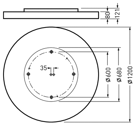 Teknisk ritning av rund takarmatur från PROLJUS AB, elegant lågprofils LED-armatur med Ø1200 mm yttre skiva, innerdiametrar Ø680 och Ø600 mm, profilhöjd 80–121 mm och monteringshål för enkel installation, energieffektiv och stilren design idealisk för kontor och offentliga miljöer