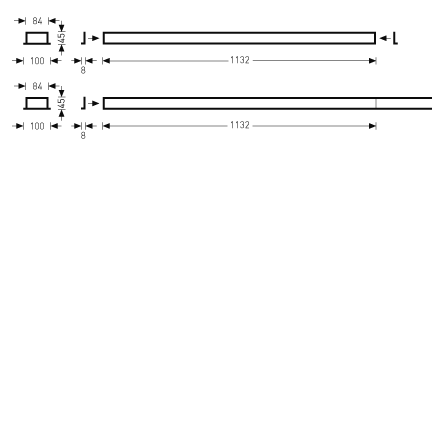 Två linjära LED-armaturer från PROLJUS AB i elegant profil, 1132 mm långa, enkel- och dubbelvariant med profilbredd 84 mm och höjd 45 mm respektive 100 mm, energieffektiva och lättinstallerade lösningar för kontor, butik och industri