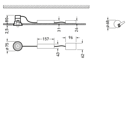 Teknisk ritning av rund infälld LED-armatur från PROLJUS AB med 75 mm diameter, låg bygghöjd, separat drivdon och tydliga måttangivelser för enkel och energieffektiv installation